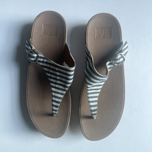 FitFlop Skinny Canvas Toe Post Slide Sandal Shoe Nautical Striped Blue Size 10 - Picture 8 of 8